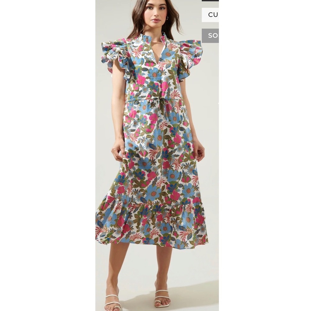 Sugarlips Feminine Floral Ruffle Sleeve Midi Dress Multi Color Cotton Size XS